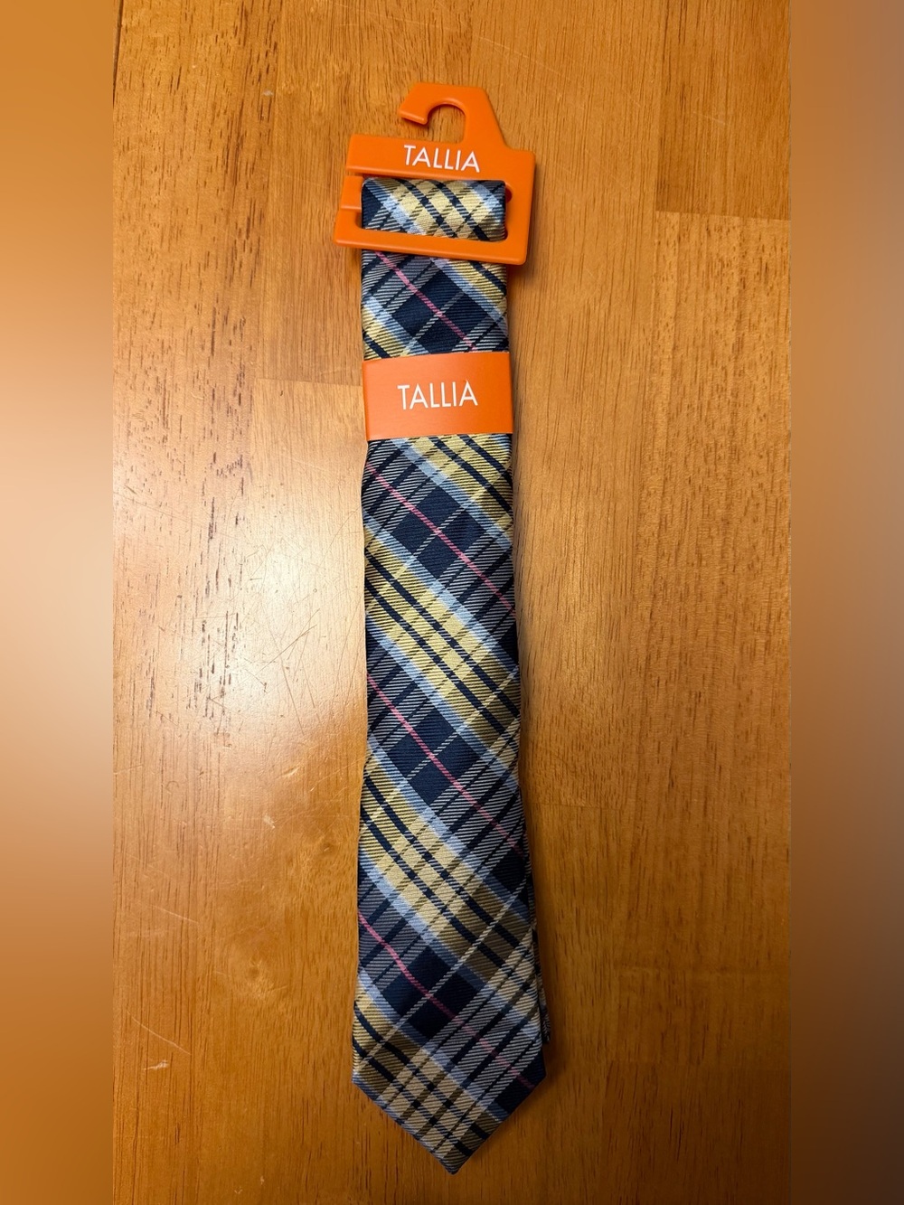 TALLIA Navy Plaid Silk Tie with Yellow and Pink Accents